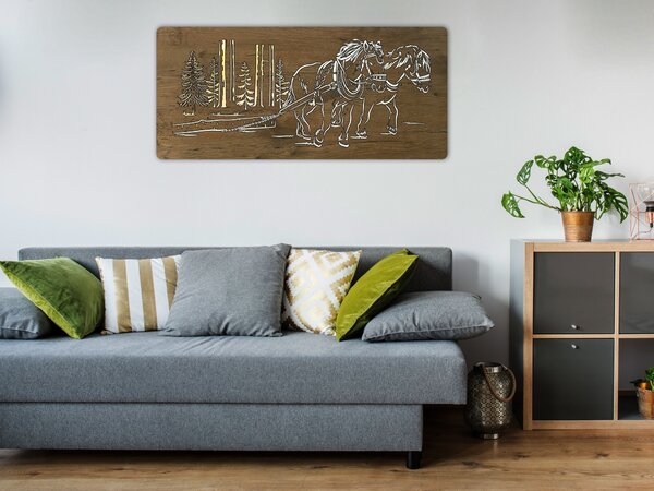 "Koně v lese" světelný obraz s baterií 110x50cm varianta ovládání: manuál/pohybové čidlo, provedení povrchu: dub světlý