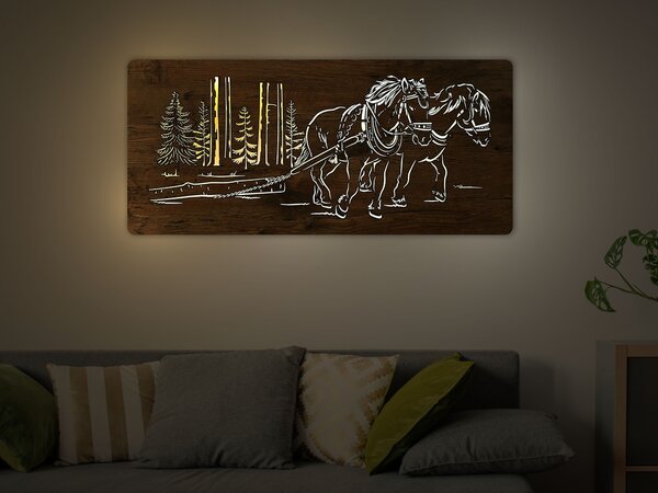"Koně v lese" světelný obraz s baterií 110x50cm varianta ovládání: manuál/pohybové čidlo, provedení povrchu: dub světlý