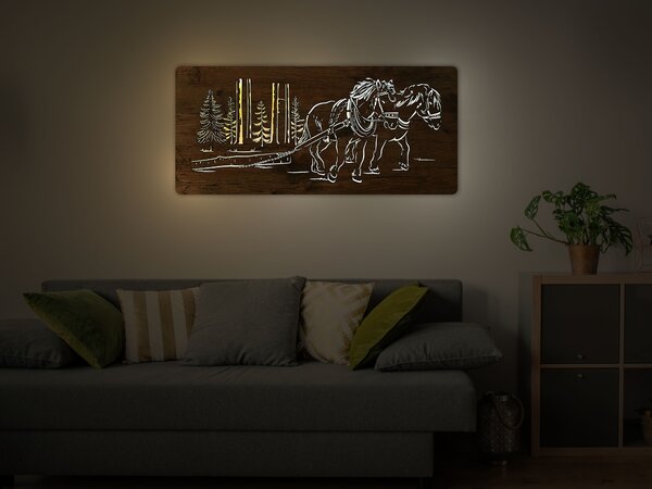 "Koně v lese" světelný obraz s baterií 110x50cm varianta ovládání: manuál/pohybové čidlo, provedení povrchu: dub světlý