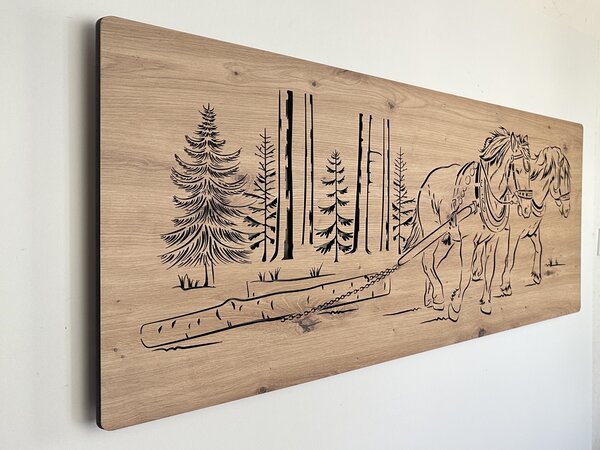 "Koně v lese" světelný obraz 230V 110x50cm provedení povrchu: dub světlý