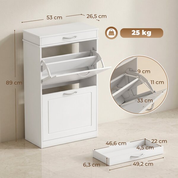 HOMCOM botník pro 8 párů — úzká skříňka do předsíně se zásuvkou a výklopnými dvířky, 53 × 26,5 × 89 cm, bílá | Aosom