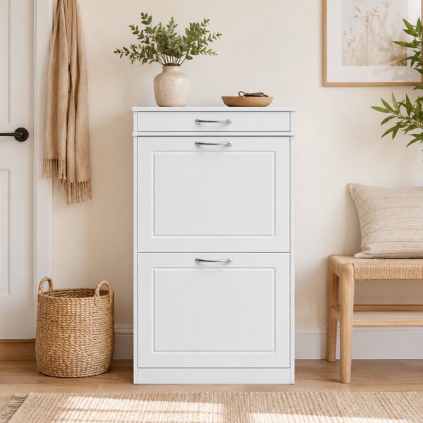 HOMCOM botník pro 8 párů — úzká skříňka do předsíně se zásuvkou a výklopnými dvířky, 53 × 26,5 × 89 cm, bílá | Aosom