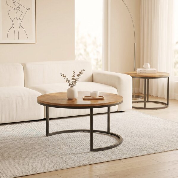 HOMCOM 2-Piece Round Nesting Coffee Tables — Industrial Metal Frame, Brown Wood-Effect Tops (Large 23.6×23.6×17.7 in / Small 17.7×17.7×15.9 in) | Aoso