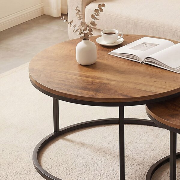 HOMCOM 2-Piece Round Nesting Coffee Tables — Industrial Metal Frame, Brown Wood-Effect Tops (Large 23.6×23.6×17.7 in / Small 17.7×17.7×15.9 in) | Aoso