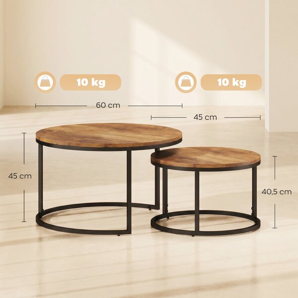 HOMCOM 2-Piece Round Nesting Coffee Tables — Industrial Metal Frame, Brown Wood-Effect Tops (Large 23.6×23.6×17.7 in / Small 17.7×17.7×15.9 in) | Aoso