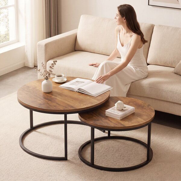 HOMCOM 2-Piece Round Nesting Coffee Tables — Industrial Metal Frame, Brown Wood-Effect Tops (Large 23.6×23.6×17.7 in / Small 17.7×17.7×15.9 in) | Aoso