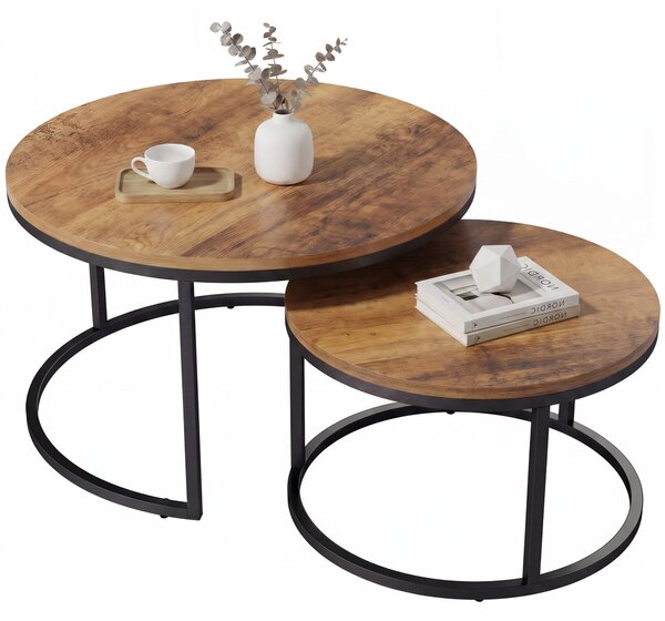 HOMCOM 2-Piece Round Nesting Coffee Tables — Industrial Metal Frame, Brown Wood-Effect Tops (Large 23.6×23.6×17.7 in / Small 17.7×17.7×15.9 in) | Aoso