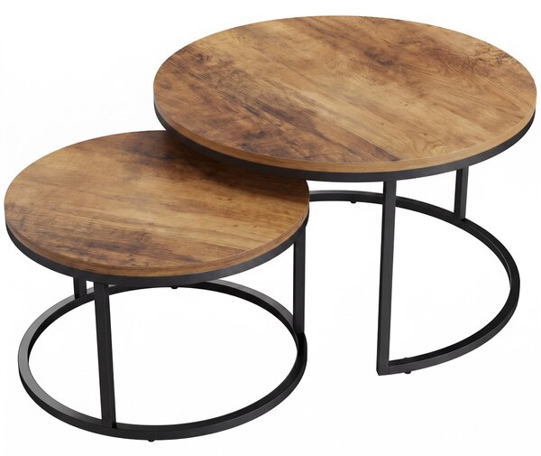 HOMCOM 2-Piece Round Nesting Coffee Tables — Industrial Metal Frame, Brown Wood-Effect Tops (Large 23.6×23.6×17.7 in / Small 17.7×17.7×15.9 in) | Aoso