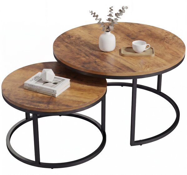 HOMCOM 2-Piece Round Nesting Coffee Tables — Industrial Metal Frame, Brown Wood-Effect Tops (Large 23.6×23.6×17.7 in / Small 17.7×17.7×15.9 in) | Aoso