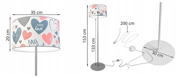 Dětská stojací lampa Heart, 1x bílé textilní stínítko se vzorem, (výběr ze 2 barev konstrukce), o, p