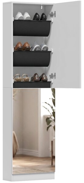 HOMCOM úzký úsporný botník s celozrcadlem, 5 textilních polic, otočné tlumené dveře, pojme 12 párů, 50 x 20 x 180 cm, bílý | Aosom