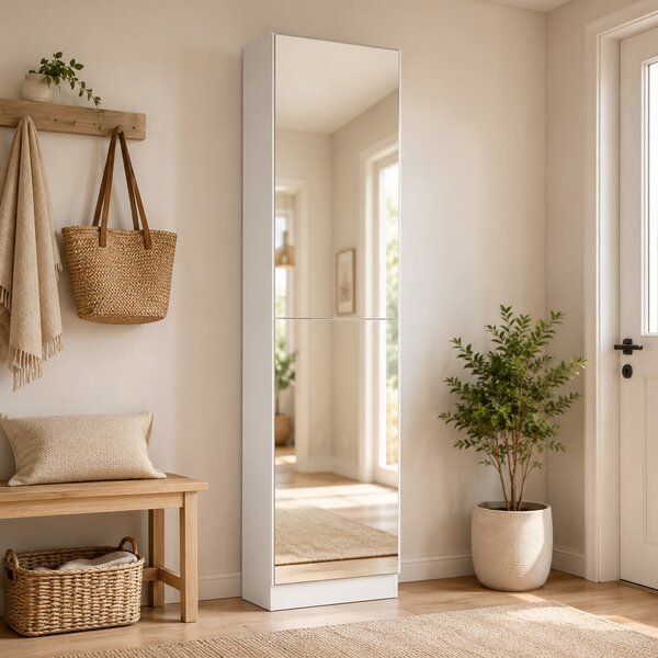 HOMCOM úzký úsporný botník s celozrcadlem, 5 textilních polic, otočné tlumené dveře, pojme 12 párů, 50 x 20 x 180 cm, bílý | Aosom