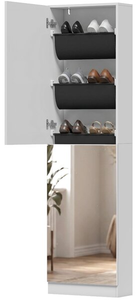 HOMCOM úzký úsporný botník s celozrcadlem, 5 textilních polic, otočné tlumené dveře, pojme 12 párů, 50 x 20 x 180 cm, bílý | Aosom