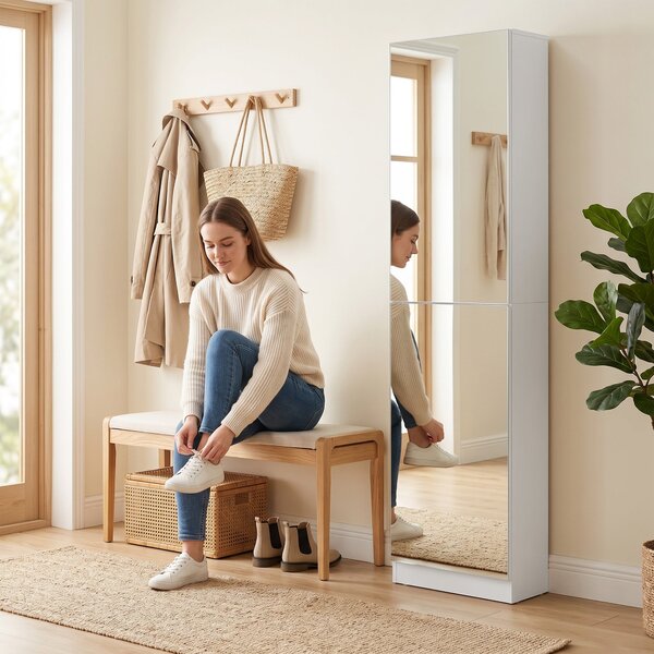 HOMCOM úzký úsporný botník s celozrcadlem, 5 textilních polic, otočné tlumené dveře, pojme 12 párů, 50 x 20 x 180 cm, bílý | Aosom