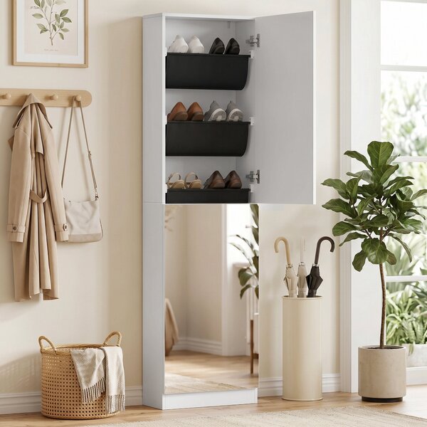 HOMCOM úzký úsporný botník s celozrcadlem, 5 textilních polic, otočné tlumené dveře, pojme 12 párů, 50 x 20 x 180 cm, bílý | Aosom