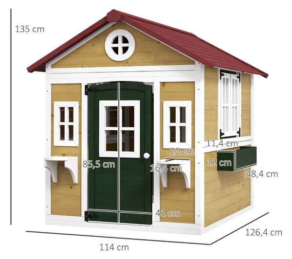 Dětská zahradní chalupa Outsunny, venkovní dům pro děti, s dveřmi, okny a truhlíky, pro děti ve věku 3-8 let, 114 x 126,4 x 135 cm, béžová | Aosom