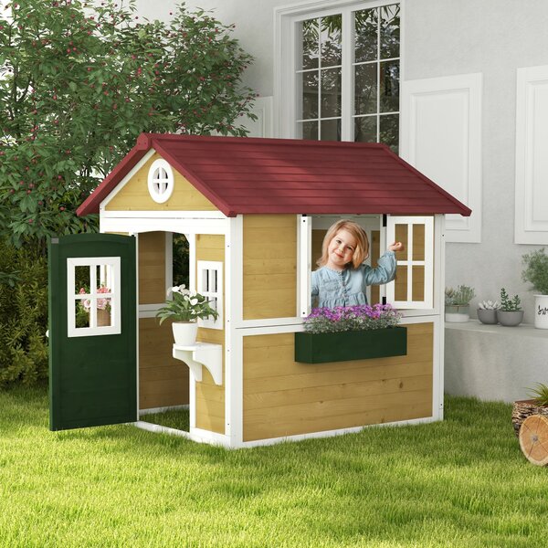 Dětská zahradní chalupa Outsunny, venkovní dům pro děti, s dveřmi, okny a truhlíky, pro děti ve věku 3-8 let, 114 x 126,4 x 135 cm, béžová | Aosom