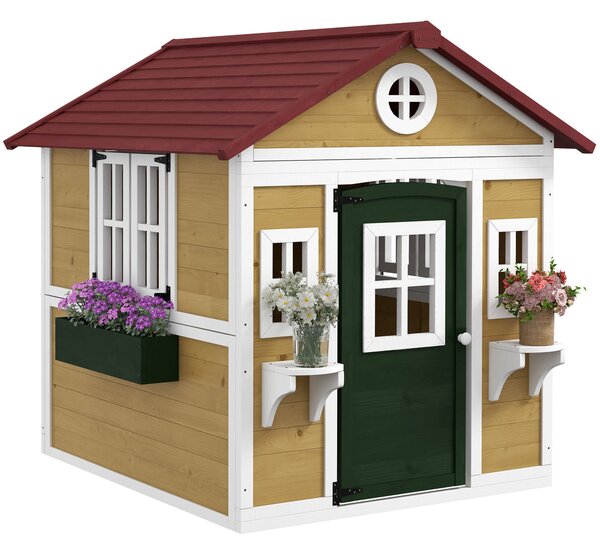 Dětská zahradní chalupa Outsunny, venkovní dům pro děti, s dveřmi, okny a truhlíky, pro děti ve věku 3-8 let, 114 x 126,4 x 135 cm, béžová | Aosom