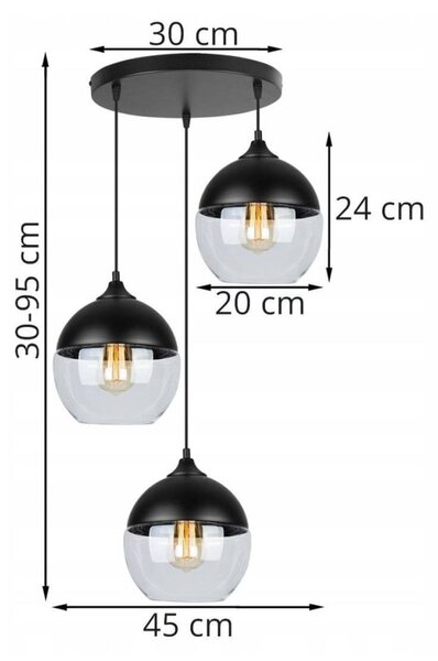 Závěsné svítidlo Oslo, 3x černé/transparentní skleněné stínítko
