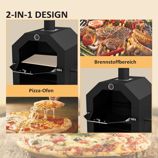 Outsunny 2v1 Pizza Trouba venkovní s koly, grilovací trouba s krytem, pizza lopatka, 2 grilovací rošty, grilovací vozík s komínem, 3-úrovňová trouba n