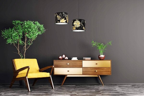 Závěsné svítidlo Gold Flowers, 1x černé textilní stínítko s květinovým vzorem