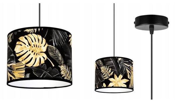 Závěsné svítidlo Gold Flowers, 1x černé textilní stínítko s květinovým vzorem