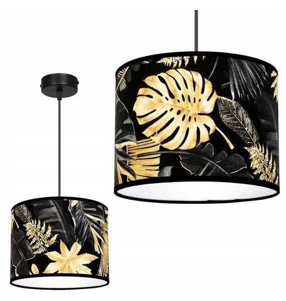Závěsné svítidlo Gold Flowers, 1x černé textilní stínítko s květinovým vzorem
