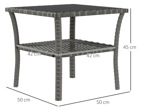 Outsunny Čtvercový Zahradní Stůl z Umělého Rattanu 50x50x45 cm s Skleněnou Deskou a Pozinkovaným Ocelovým Rámem, Nosnost 30 kg pro Terasu a Patio Šedý