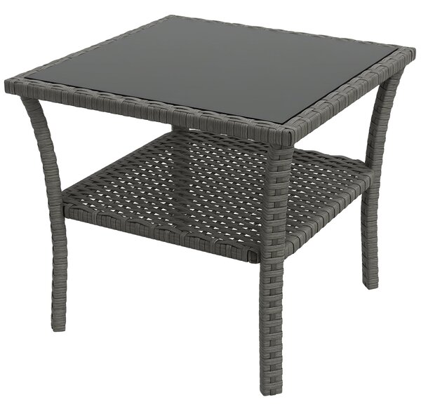 Outsunny Čtvercový Zahradní Stůl z Umělého Rattanu 50x50x45 cm s Skleněnou Deskou a Pozinkovaným Ocelovým Rámem, Nosnost 30 kg pro Terasu a Patio Šedý