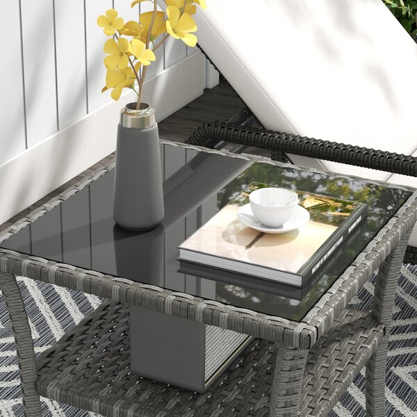 Outsunny Čtvercový Zahradní Stůl z Umělého Rattanu 50x50x45 cm s Skleněnou Deskou a Pozinkovaným Ocelovým Rámem, Nosnost 30 kg pro Terasu a Patio Šedý