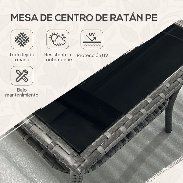 Outsunny Čtvercový Zahradní Stůl z Umělého Rattanu 50x50x45 cm s Skleněnou Deskou a Pozinkovaným Ocelovým Rámem, Nosnost 30 kg pro Terasu a Patio Šedý