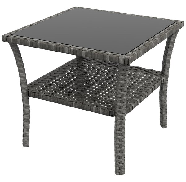 Outsunny Čtvercový Zahradní Stůl z Umělého Rattanu 50x50x45 cm s Skleněnou Deskou a Pozinkovaným Ocelovým Rámem, Nosnost 30 kg pro Terasu a Patio Šedý