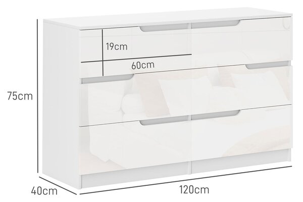 HOMCOM Komoda se 6 zásuvkami Moderní komoda do ložnice s protiskluzovou zásuvkou do obývacího pokoje a chodby 120x40x75 cm Bílá | Aosom
