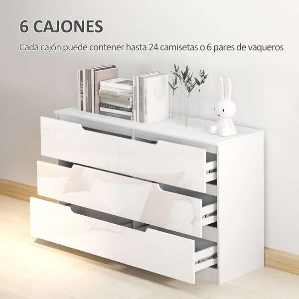 HOMCOM Komoda se 6 zásuvkami Moderní komoda do ložnice s protiskluzovou zásuvkou do obývacího pokoje a chodby 120x40x75 cm Bílá | Aosom