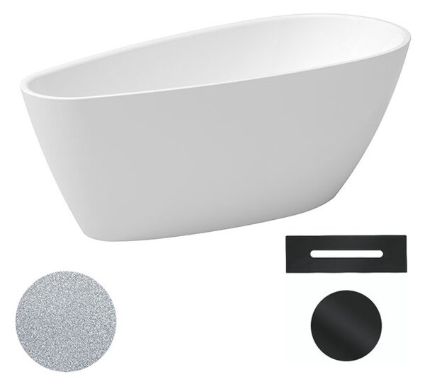 Besco Akrylátová volně stojící vana Goya A-line Glam S 160x73 (170x80) Barva: Bílá/stříbrná, Rozměry (cm): 160x73, Typ a barva výpustě: Click-Clack s přepadem, černá