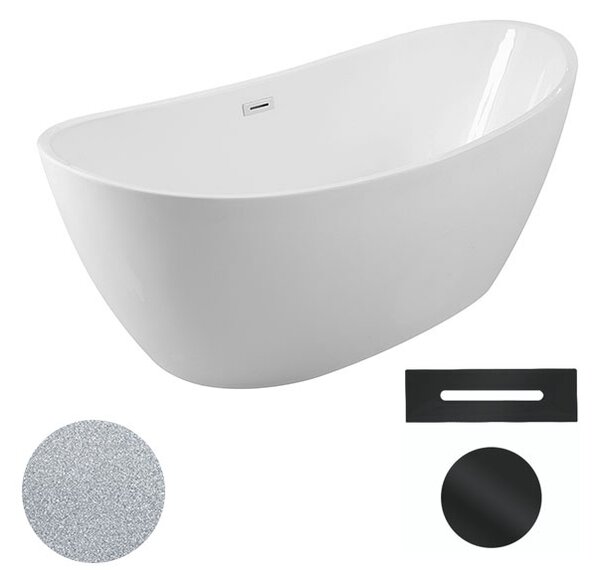 Besco Akrylátová volně stojící vana Ayla Glam S 170x80 Barva: Bílá/stříbrná, Rozměry (cm): 170x80, Typ a barva výpustě: Click-Clack s přepadem, černá