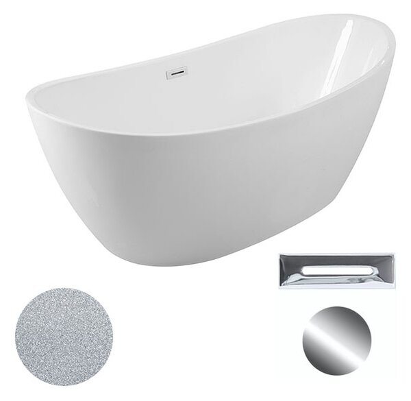 Besco Akrylátová volně stojící vana Ayla Glam S 170x80 Barva: Bílá/stříbrná, Rozměry (cm): 170x80, Typ a barva výpustě: Click-Clack s přepadem, černá