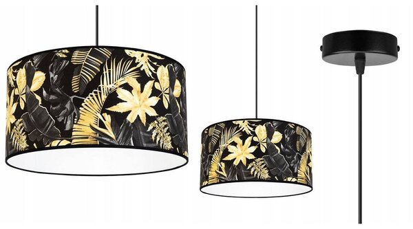 Závěsné svítidlo Gold Flowers, 1x černé textilní stínítko s květinovým vzorem, (fi 40cm)