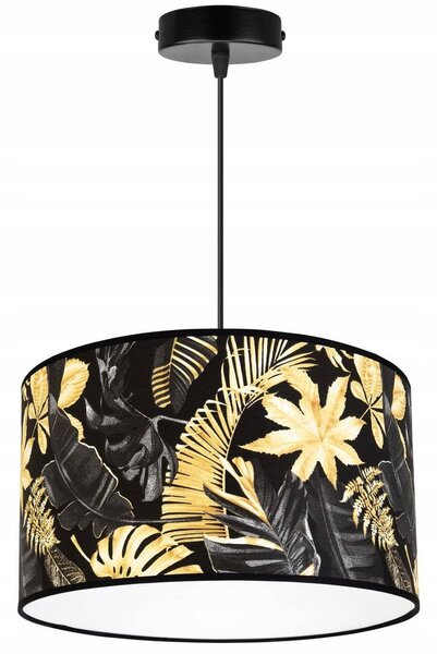 Závěsné svítidlo Gold Flowers, 1x černé textilní stínítko s květinovým vzorem, (fi 35cm)