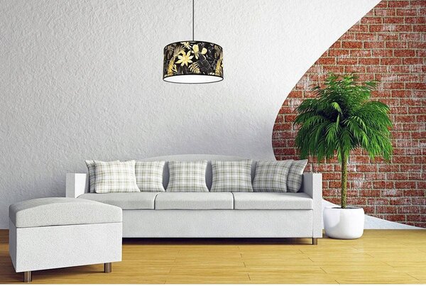 Závěsné svítidlo Gold Flowers, 1x černé textilní stínítko s květinovým vzorem, (fi 40cm)