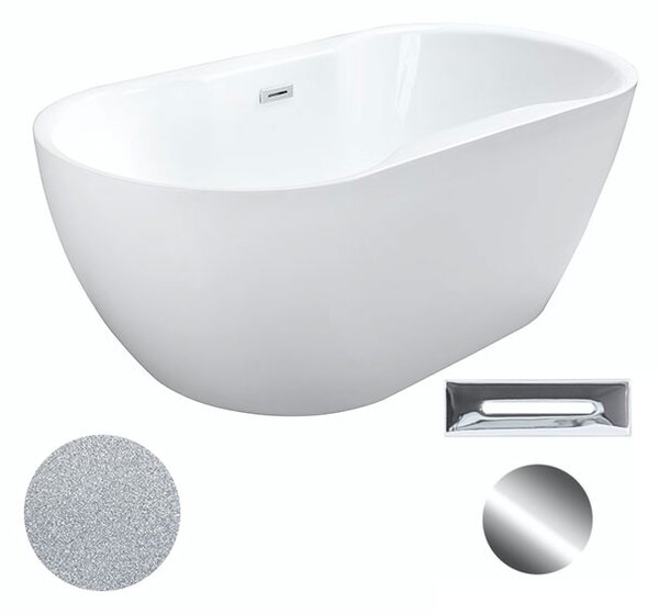 Besco Akrylátová volně stojící vana Navia Glam S 140x75 (150x80, 160x80) Barva: Bílá/stříbrná, Rozměry (cm): 150x80, Typ a barva výpustě: Click-Clack s přepadem, černá
