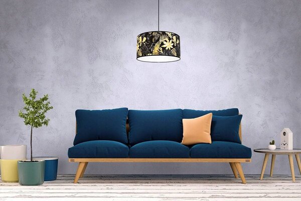 Závěsné svítidlo Gold Flowers, 1x černé textilní stínítko s květinovým vzorem, (fi 40cm)