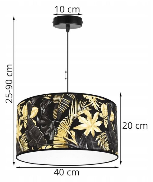 Závěsné svítidlo Gold Flowers, 1x černé textilní stínítko s květinovým vzorem, (fi 40cm)