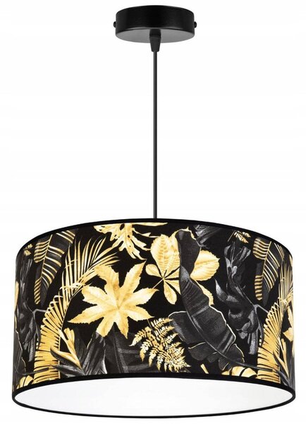 Závěsné svítidlo Gold Flowers, 1x černé textilní stínítko s květinovým vzorem, (fi 40cm)