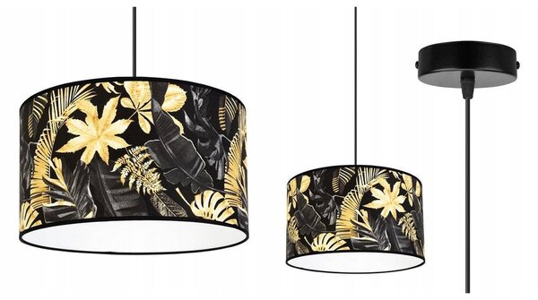 Závěsné svítidlo Gold Flowers, 1x černé textilní stínítko s květinovým vzorem, (fi 35cm)