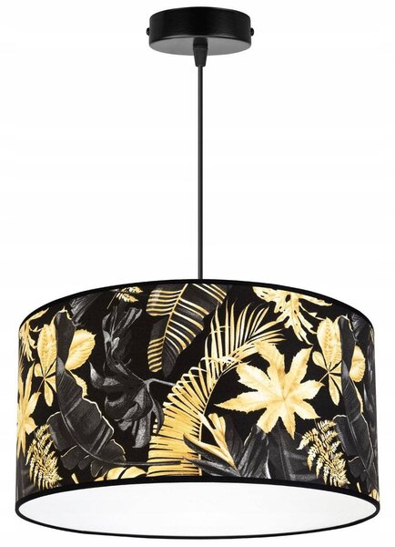 Závěsné svítidlo Gold Flowers, 1x černé textilní stínítko s květinovým vzorem, (fi 40cm)