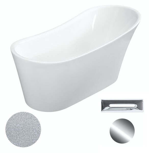 Besco Akrylátová volně stojící vana Calima Glam S 170x74 Barva: Bílá/stříbrná, Rozměry (cm): 170x74, Typ a barva výpustě: Click-Clack s přepadem, černá