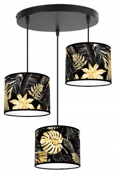 Závěsné svítidlo Gold Flowers, 3x černé textilní stínítko s květinovým vzorem