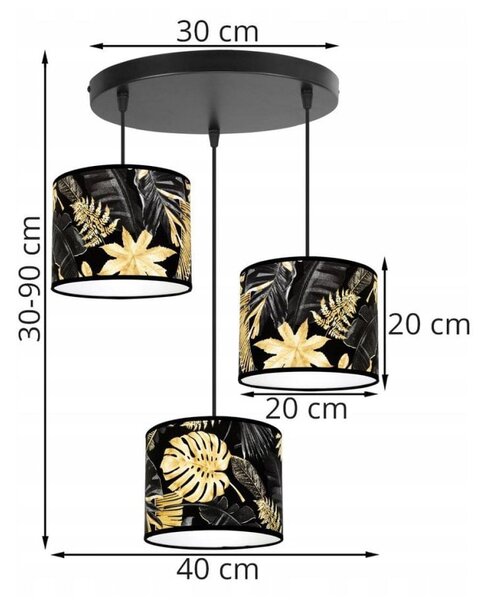 Závěsné svítidlo Gold Flowers, 3x černé textilní stínítko s květinovým vzorem
