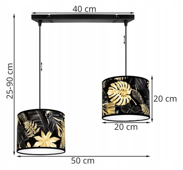 Závěsné svítidlo Gold Flowers, 2x černé textilní stínítko s květinovým vzorem
